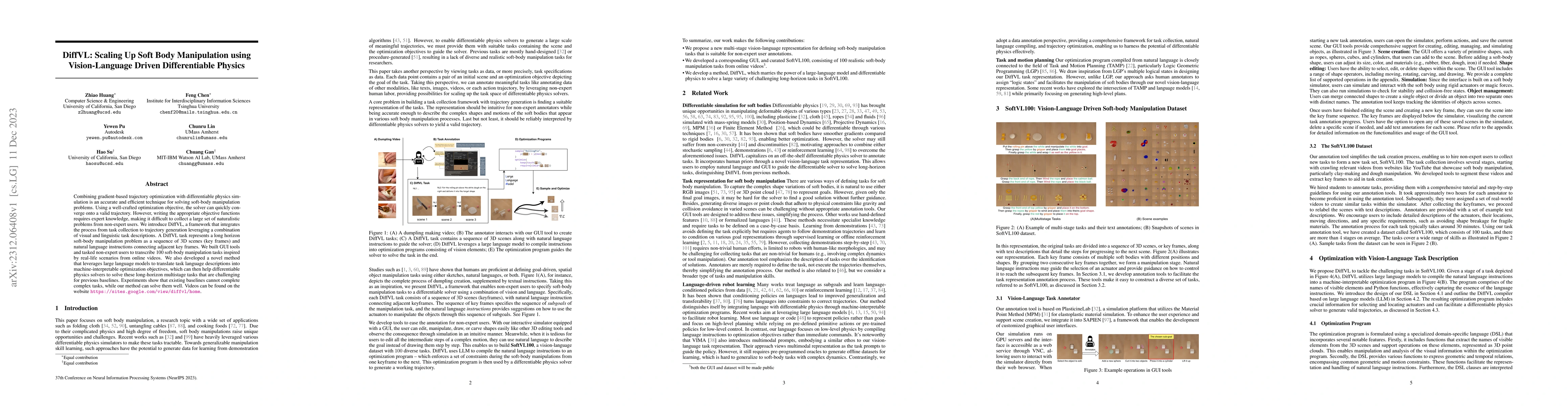 Thumbnail for DiffVL: Scaling Up Soft Body Manipulation using Vision-Language Driven
  Differentiable Physics