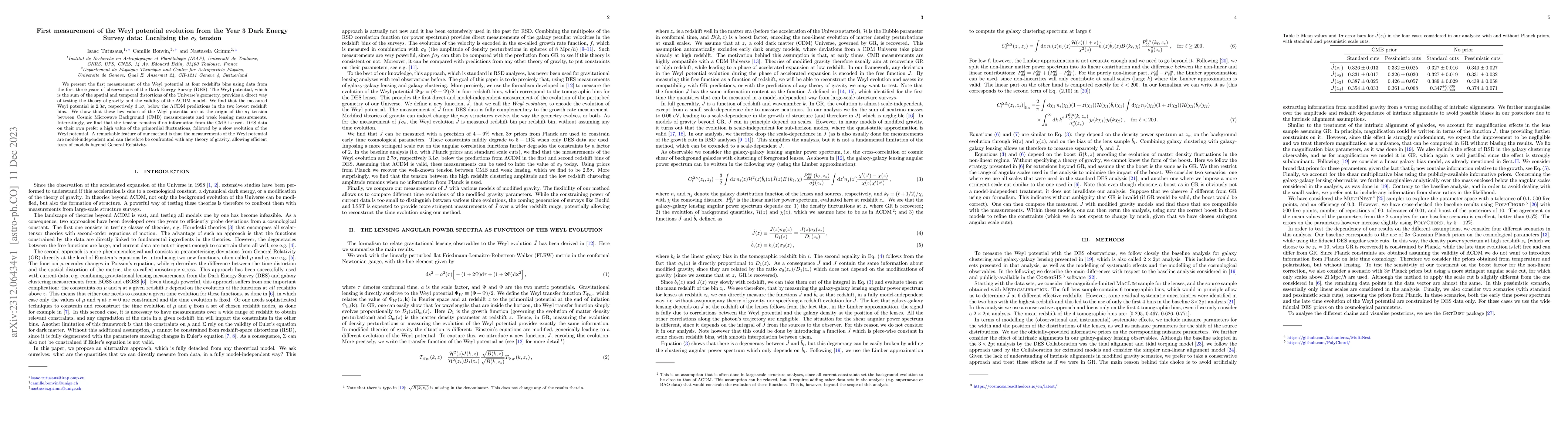 Thumbnail for First measurement of the Weyl potential evolution from the Year 3 Dark
  Energy Survey data: Localising the $\sigma_8$ tension