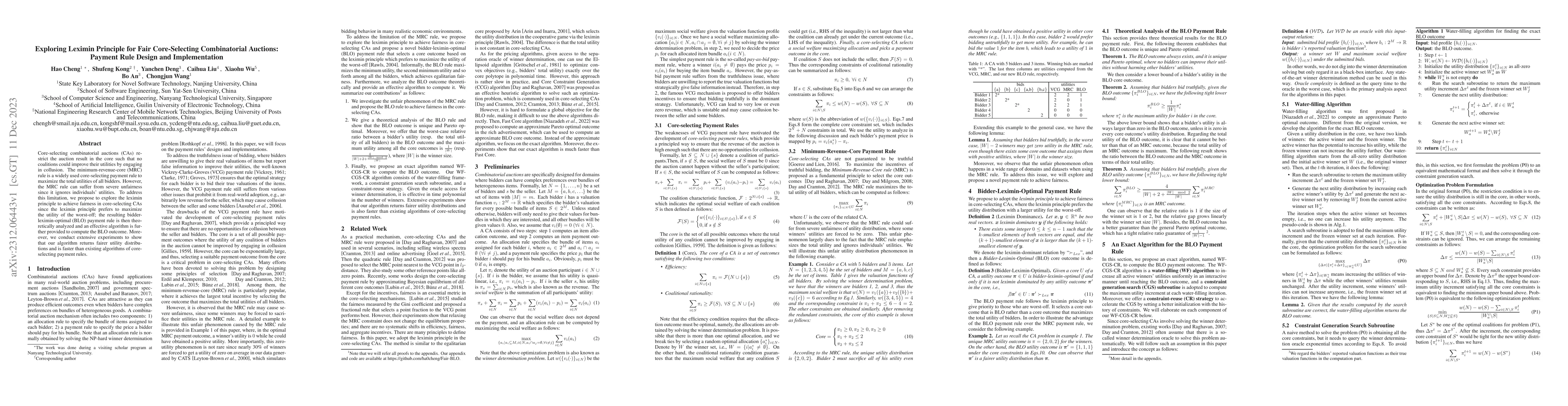 Thumbnail for Exploring Leximin Principle for Fair Core-Selecting Combinatorial
  Auctions: Payment Rule Design and Implementation