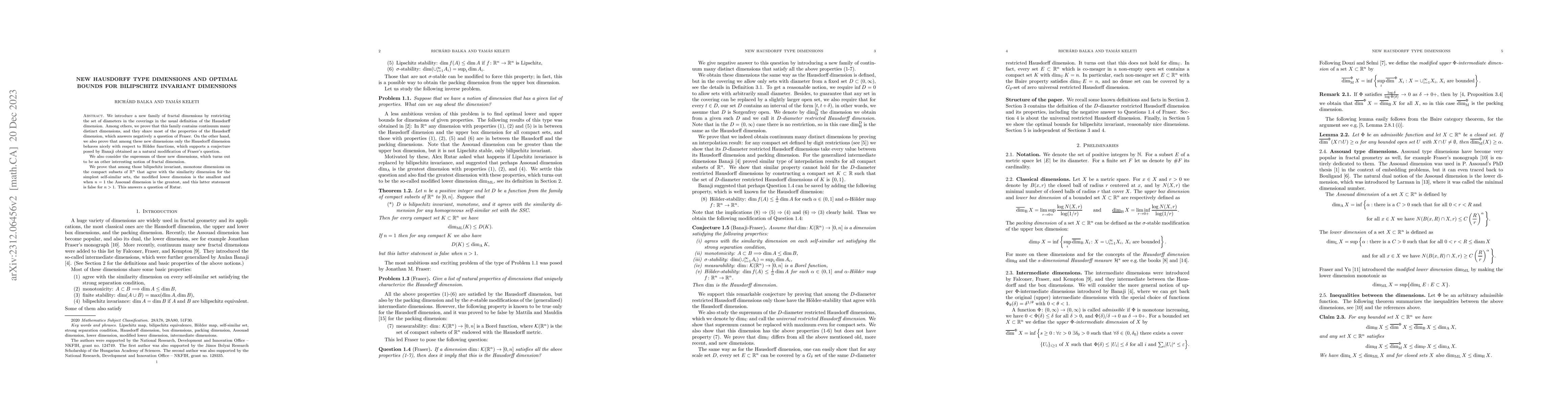 Thumbnail for New Hausdorff type dimensions and optimal bounds for bilipschitz
  invariant dimensions