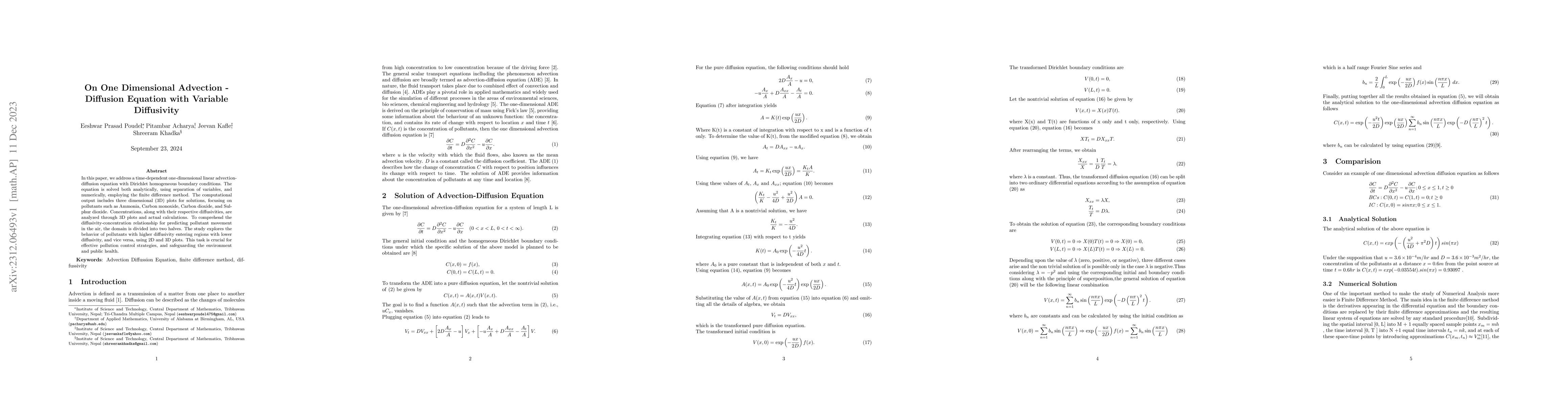 Thumbnail for On One Dimensional Advection -- Diffusion Equation with Variable
  Diffusivity