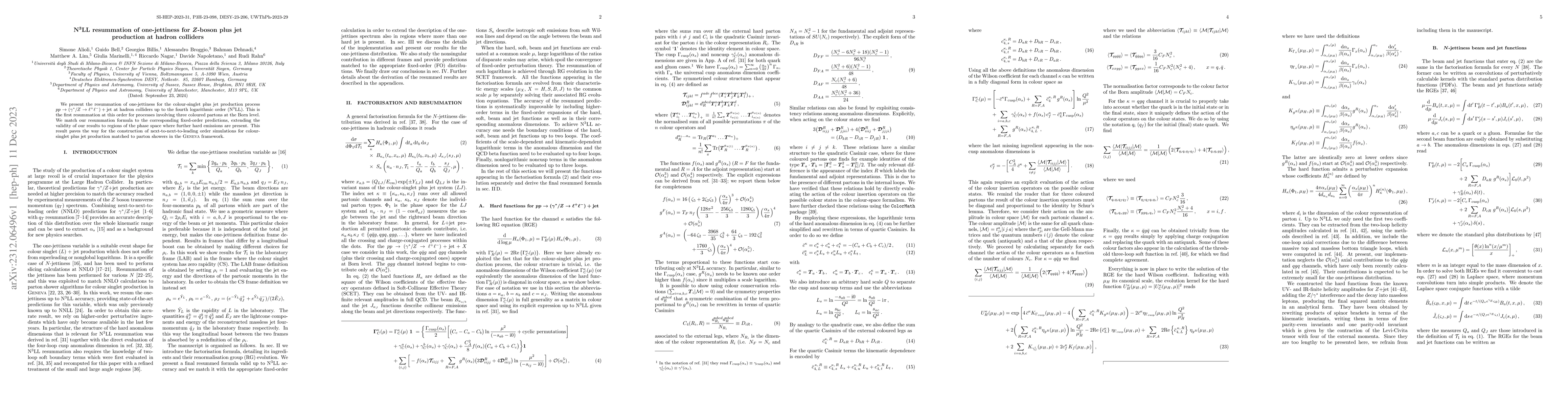 Thumbnail for N$^3$LL resummation of one-jettiness for $Z$-boson plus jet production
  at hadron colliders