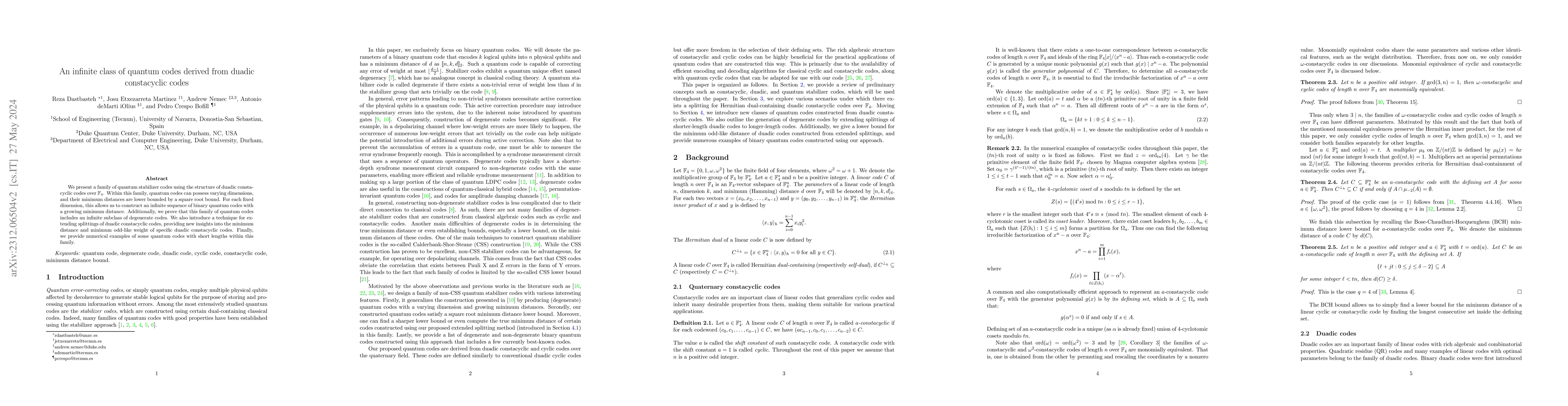 Thumbnail for An infinite class of quantum codes derived from duadic constacyclic
  codes