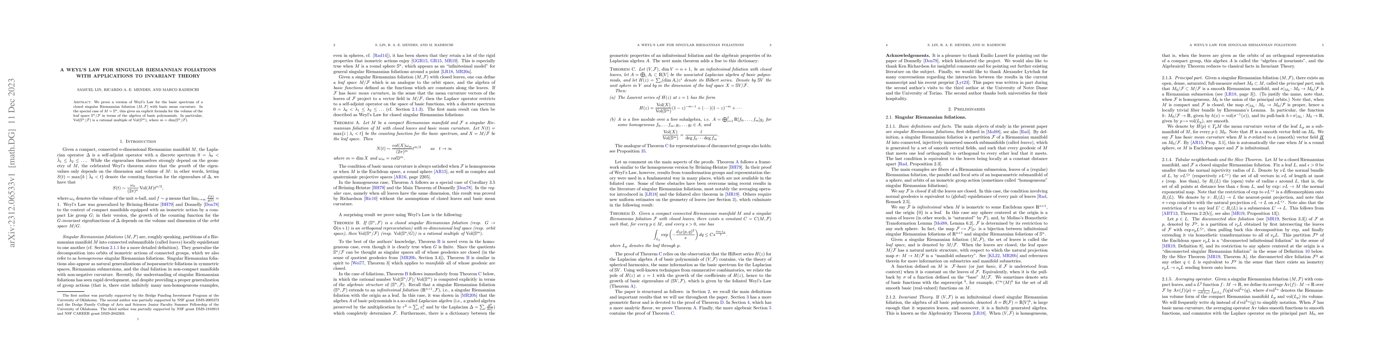 Thumbnail for A Weyl's Law for Singular Riemannian Foliations with Applications to
  Invariant Theory