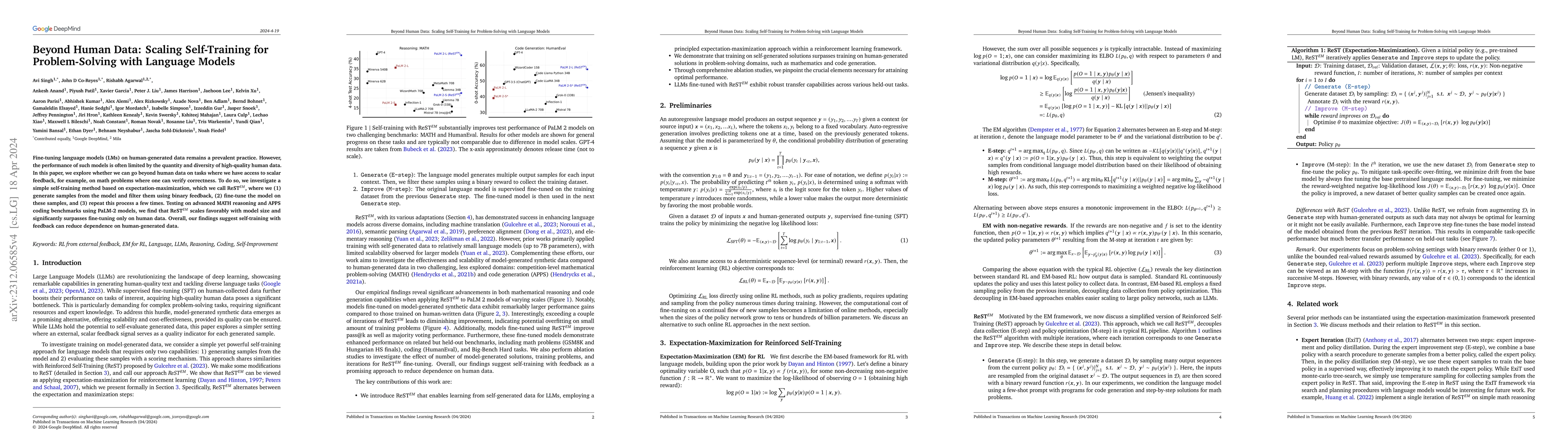 Thumbnail for Beyond Human Data: Scaling Self-Training for Problem-Solving with
  Language Models