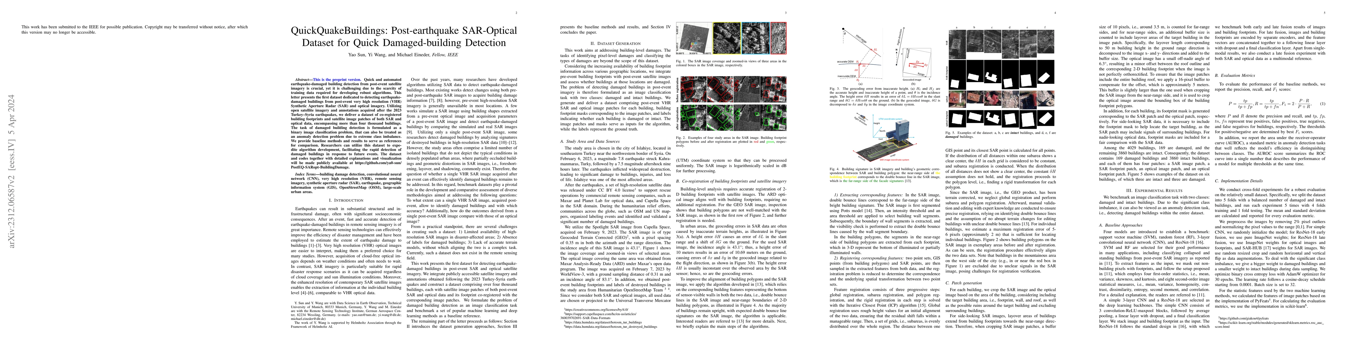 Thumbnail for QuickQuakeBuildings: Post-earthquake SAR-Optical Dataset for Quick
  Damaged-building Detection
