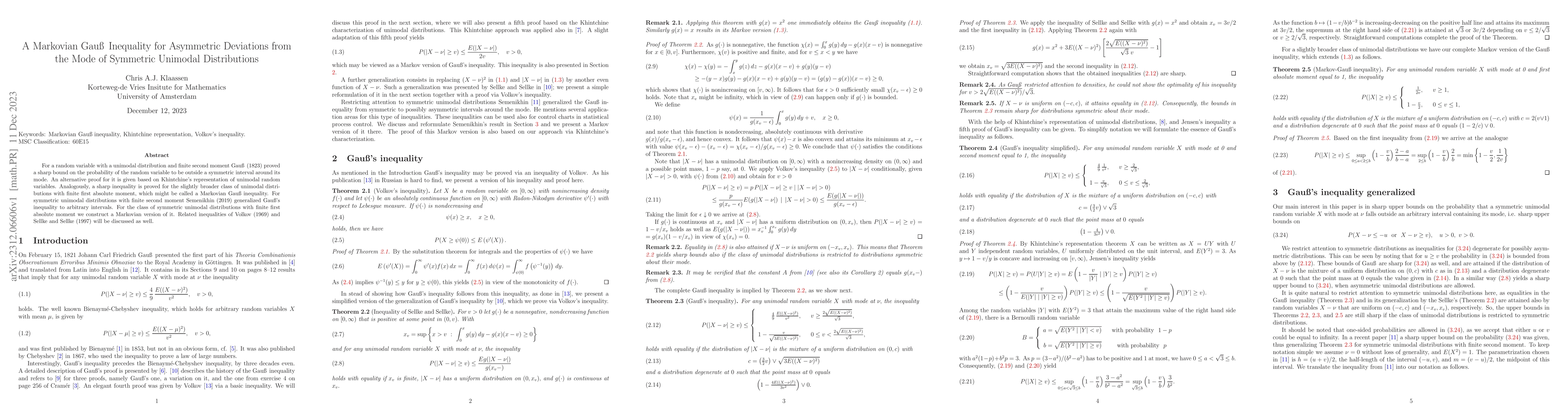 Thumbnail for A Markovian Gau\ss \, Inequality for Asymmetric Deviations from the Mode
  of Symmetric Unimodal Distributions
