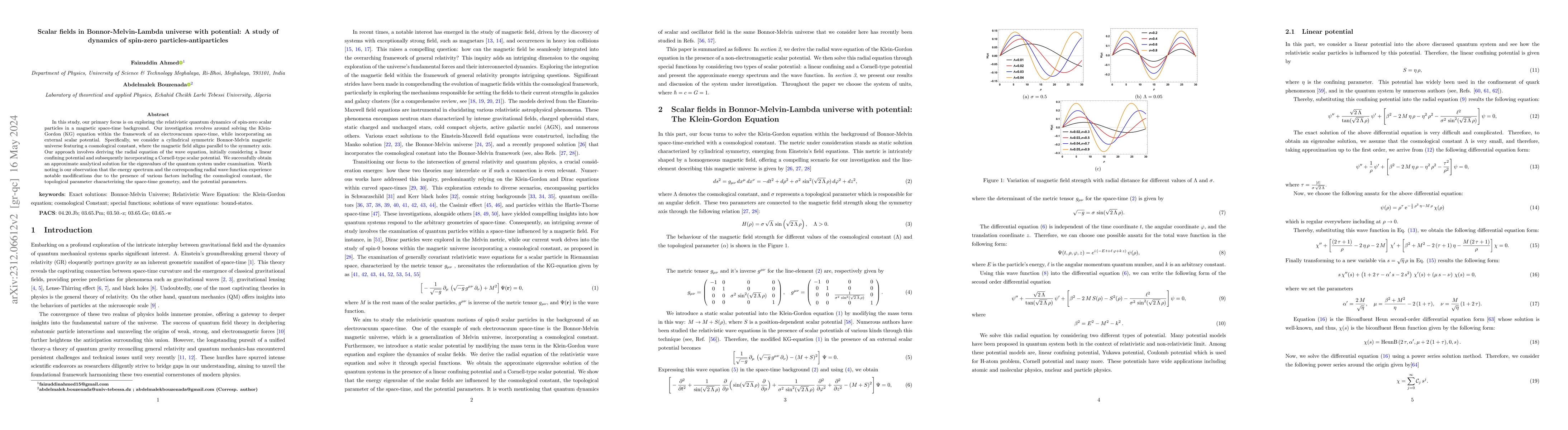 Thumbnail for Scalar fields in Bonnor-Melvin Universe with potential: A study of
  dynamics of spin-0 particles-antiparticles