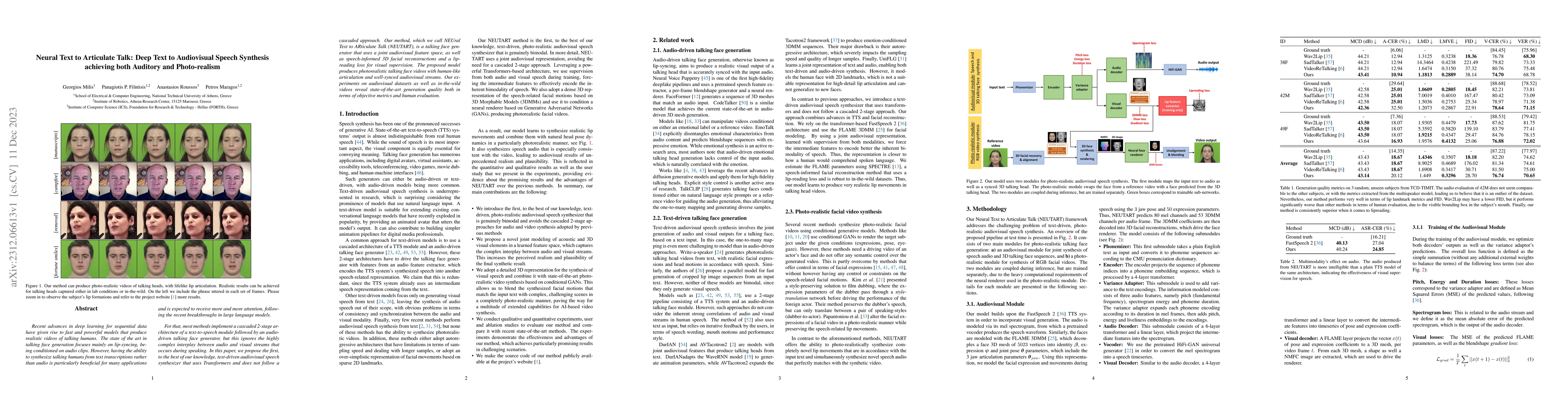 Thumbnail for Neural Text to Articulate Talk: Deep Text to Audiovisual Speech
  Synthesis achieving both Auditory and Photo-realism