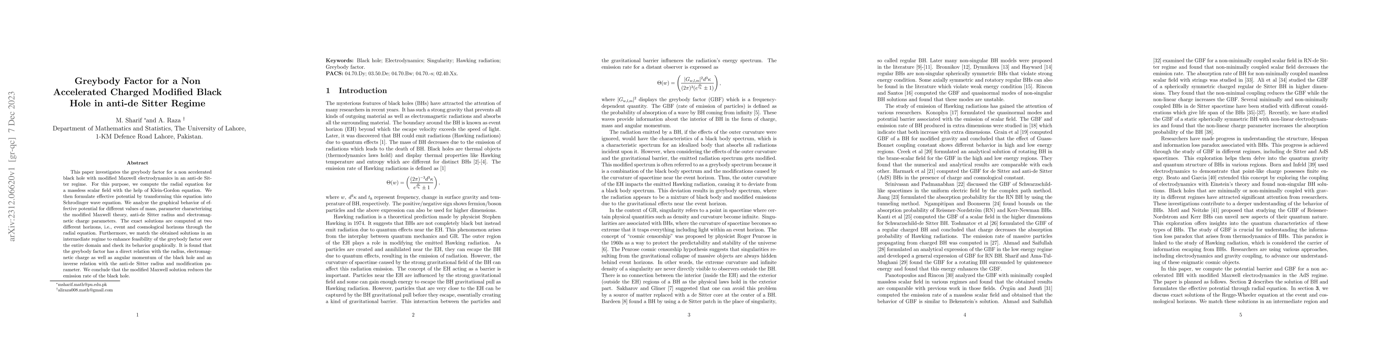Thumbnail for Greybody Factor for a Non Accelerated Charged Modified Black Hole in
  anti-de Sitter Regime