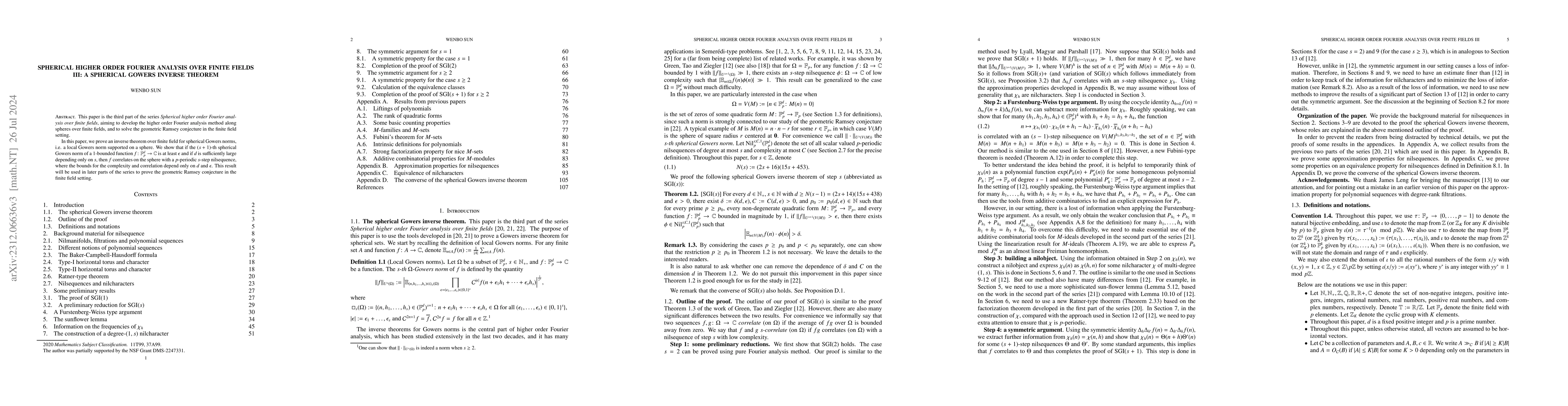 Thumbnail for Spherical higher order Fourier analysis over finite fields III: a
  spherical Gowers inverse theorem