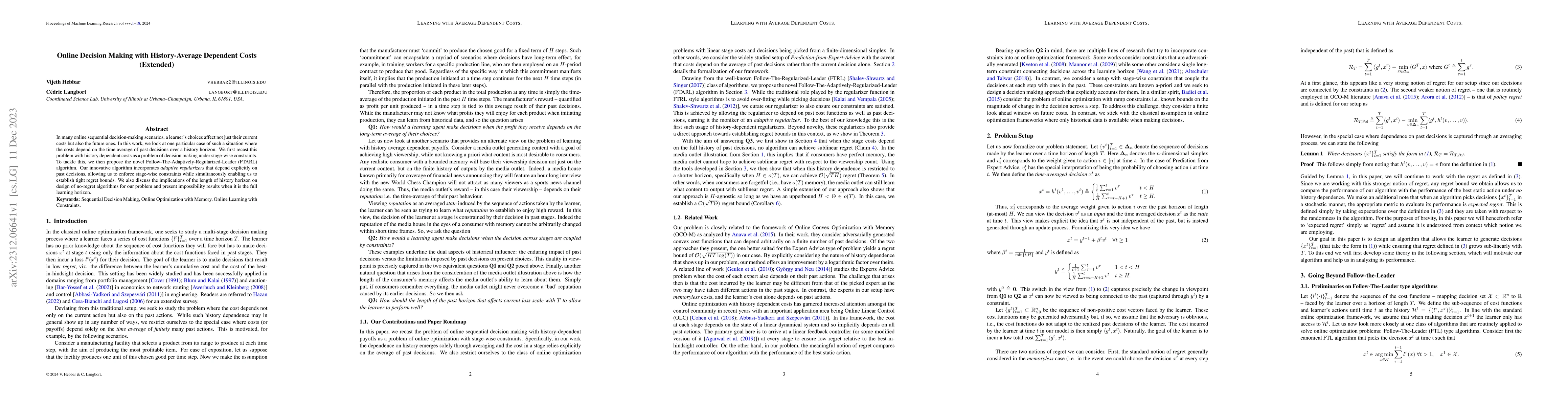 Thumbnail for Online Decision Making with History-Average Dependent Costs (Extended)