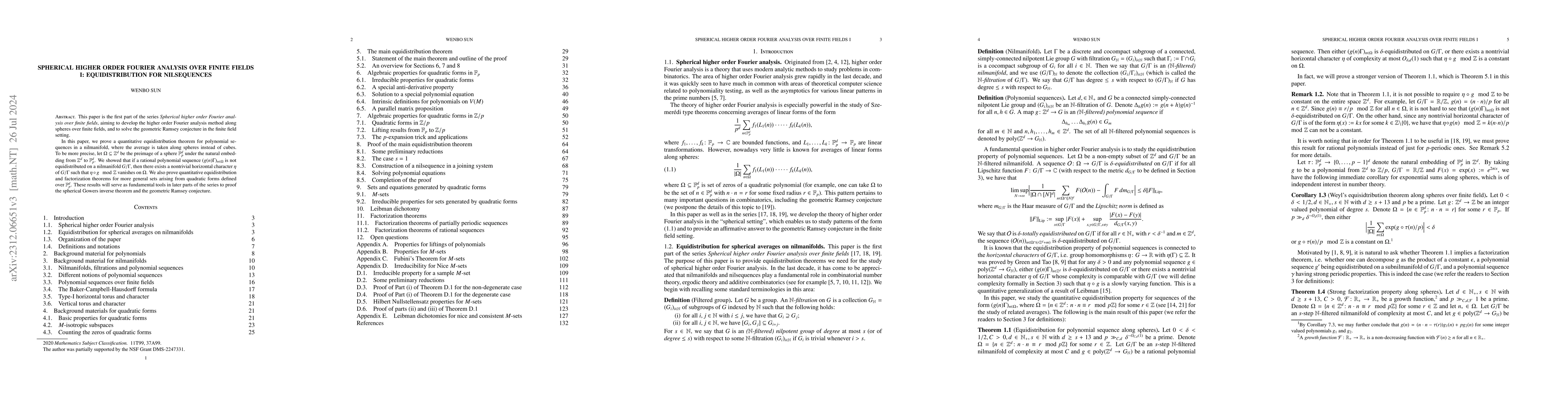 Thumbnail for Spherical higher order Fourier analysis over finite fields I:
  equidistribution for nilsequences