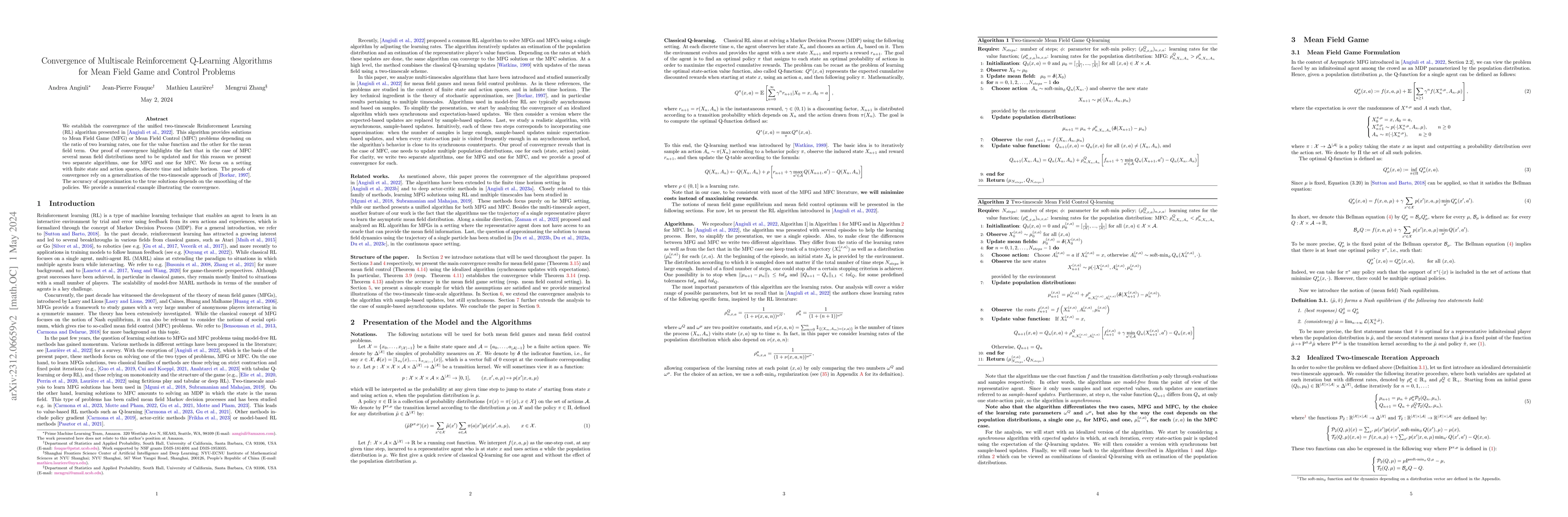 Thumbnail for Convergence of Multi-Scale Reinforcement Q-Learning Algorithms for Mean
  Field Game and Control Problems