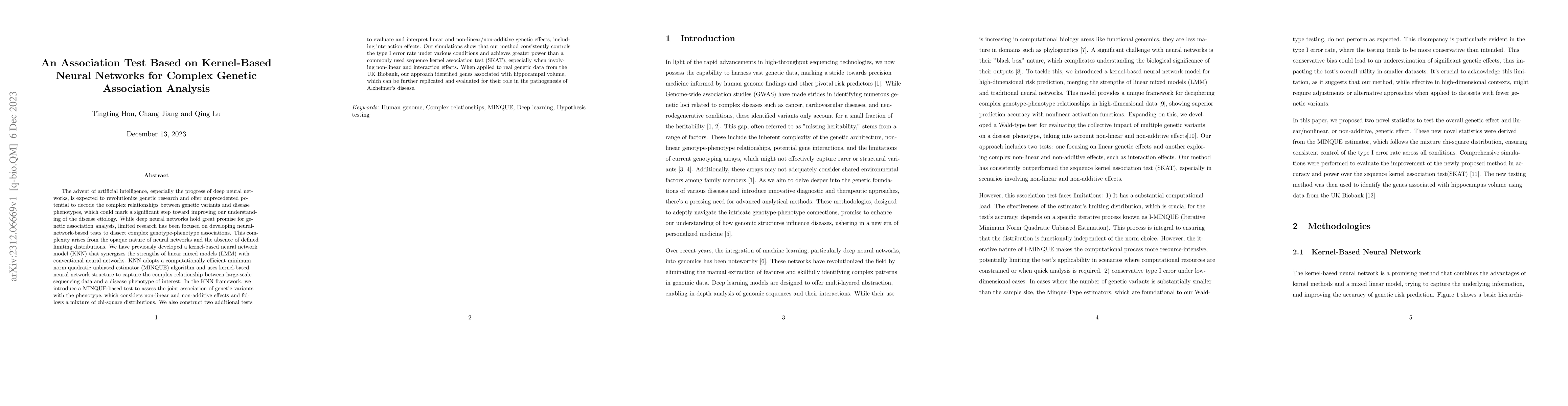 Thumbnail for An Association Test Based on Kernel-Based Neural Networks for Complex
  Genetic Association Analysis