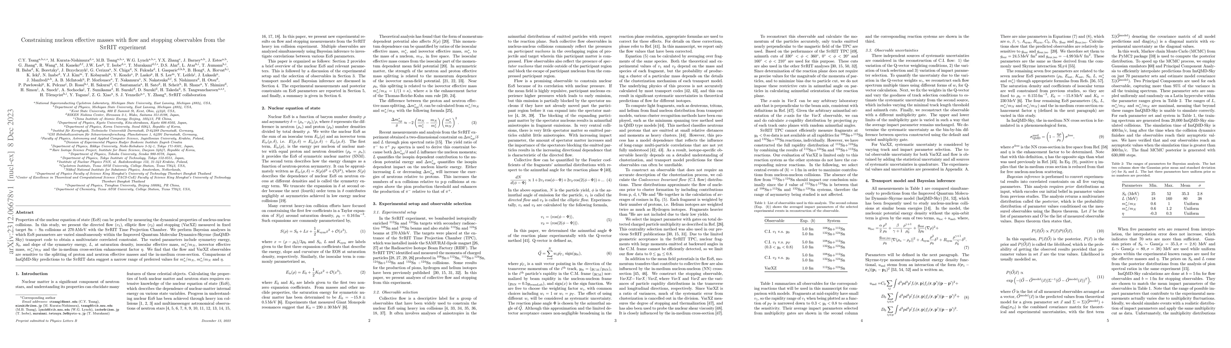 Thumbnail for Constraining nucleon effective masses with flow and stopping observables
  from the S$\pi$RIT experiment
