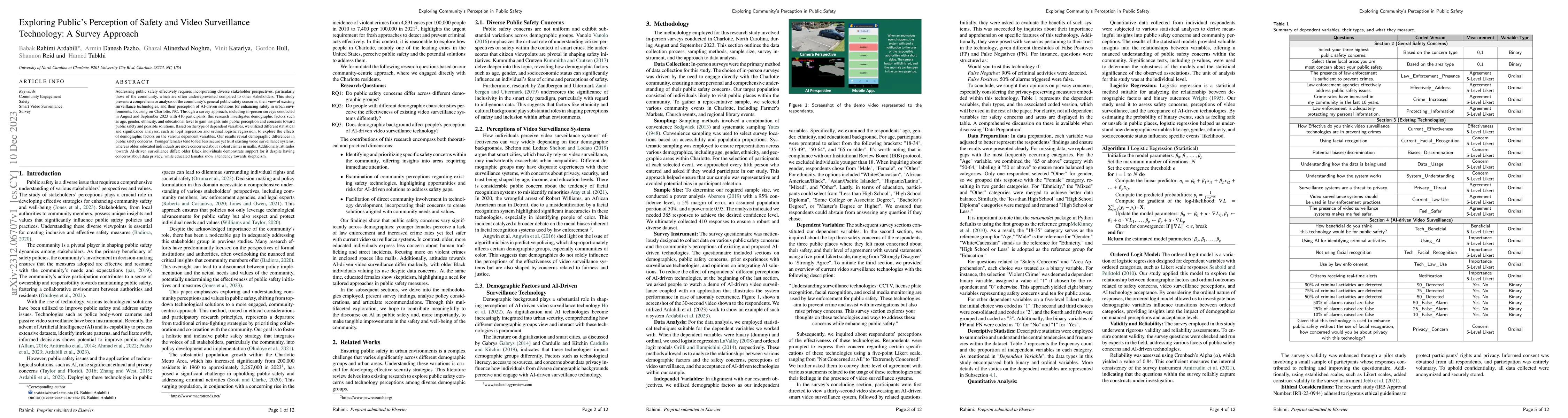 Thumbnail for Exploring Public's Perception of Safety and Video Surveillance
  Technology: A Survey Approach