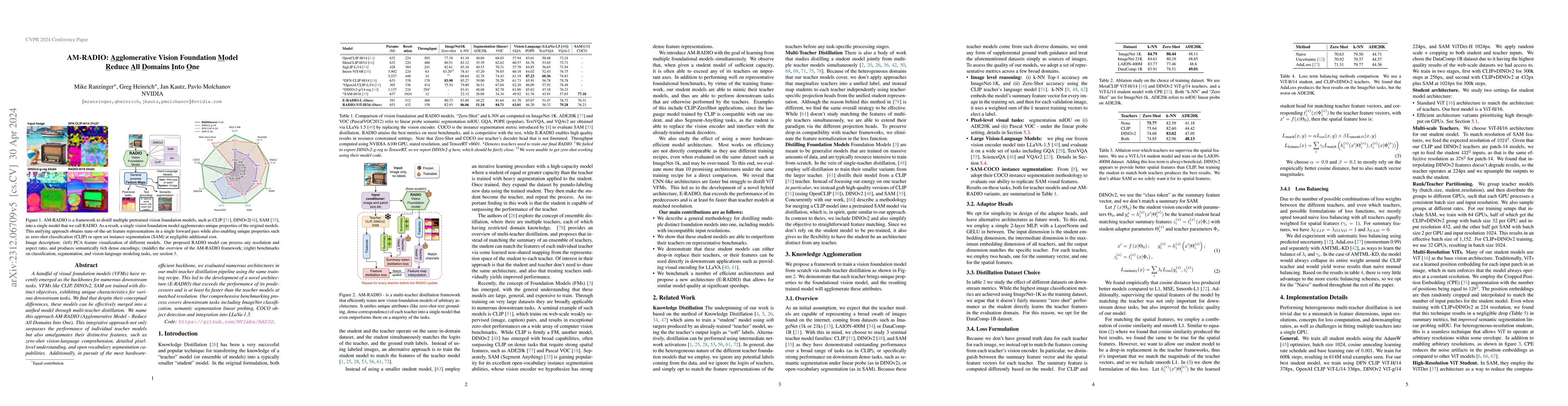 Thumbnail for AM-RADIO: Agglomerative Vision Foundation Model -- Reduce All Domains
  Into One