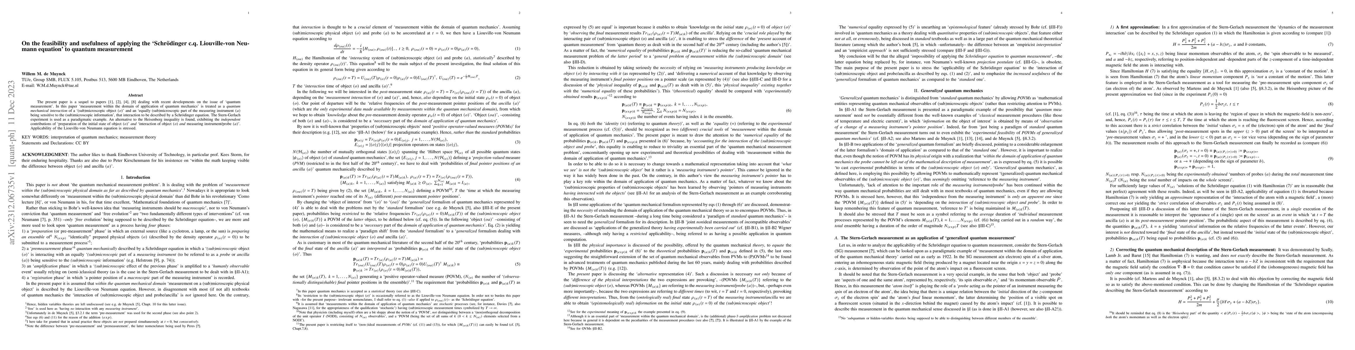 Thumbnail for On the feasibility and usefulness of applying the `Schr\"odinger c.q.
  Liouville-von Neumann equation' to quantum measurement