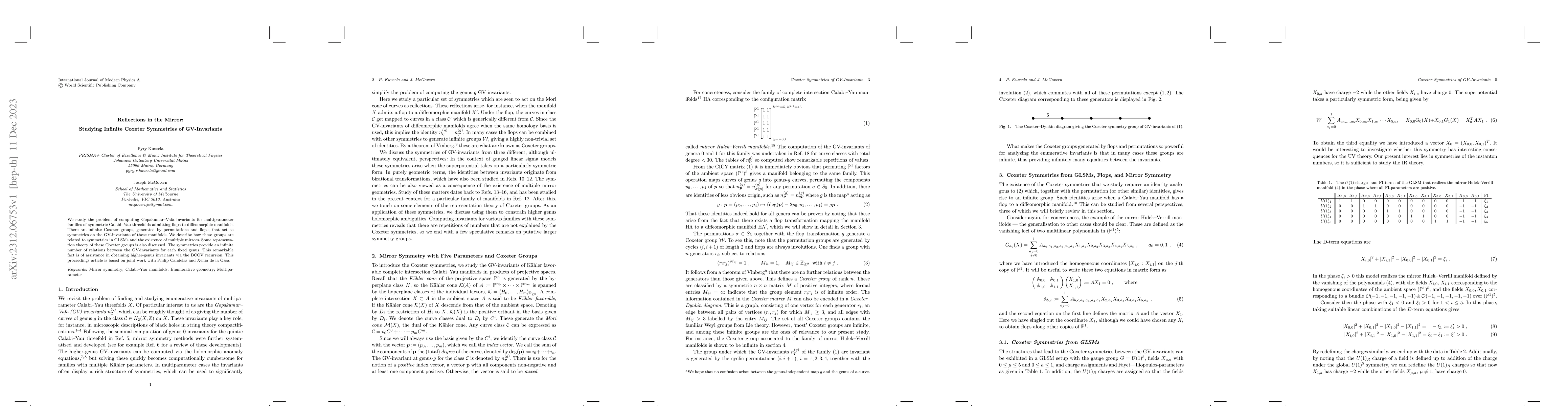 Thumbnail for Reflections in the Mirror: Studying Infinite Coxeter Groups of
  GV-Invariants