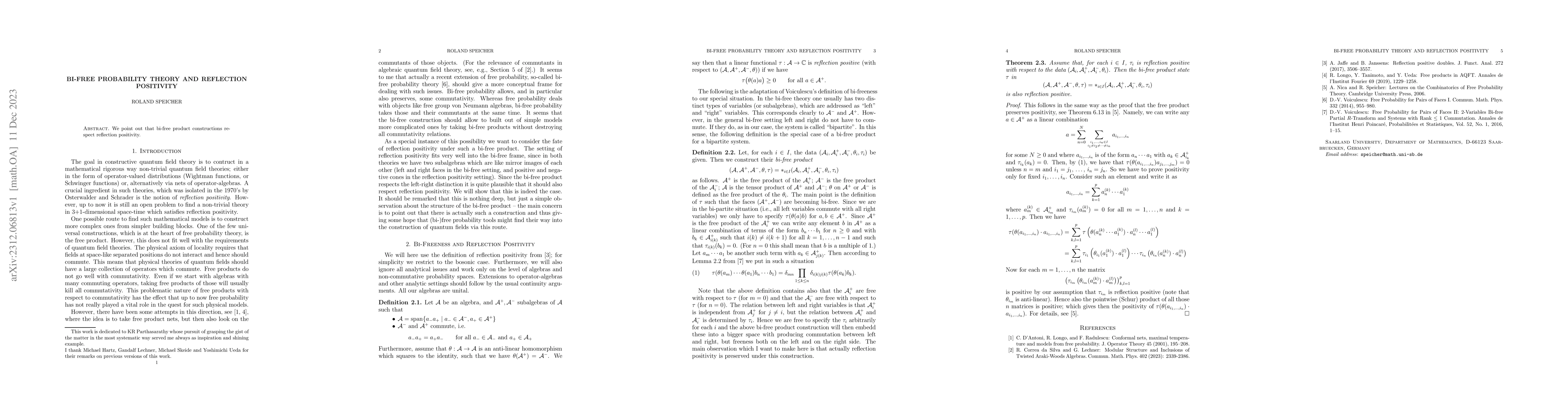 Thumbnail for Bi-Free Probability Theory and Reflection Positivity