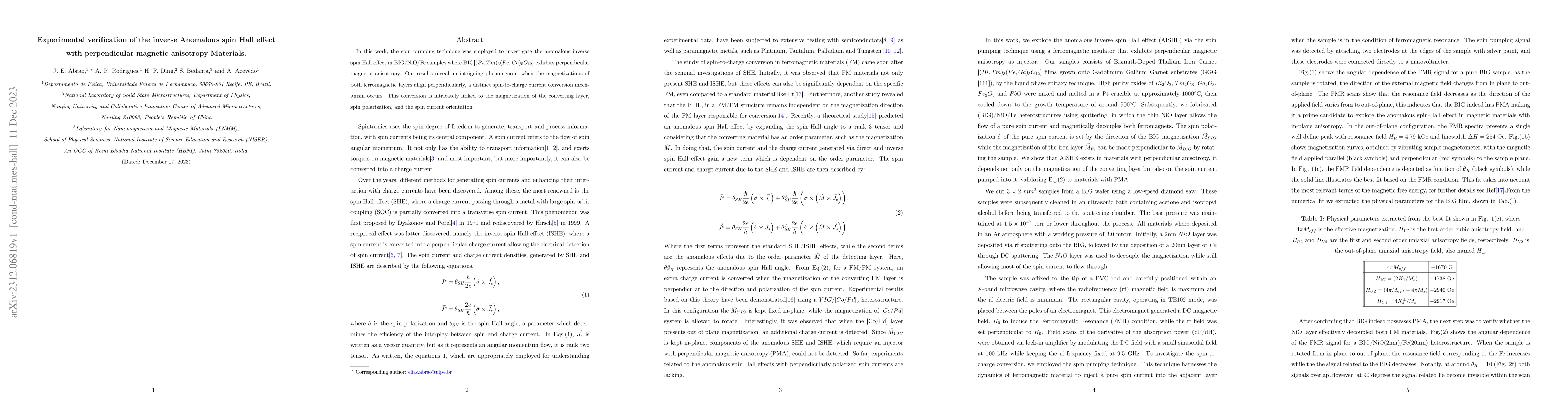 Thumbnail for Experimental verification of the inverse Anomalous spin Hall effect with
  perpendicular magnetic anisotropy Materials