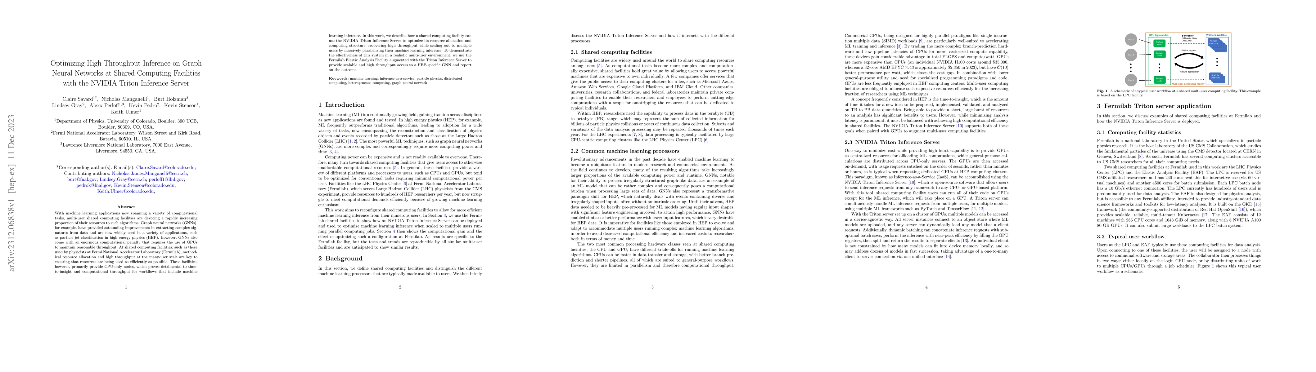 Thumbnail for Optimizing High Throughput Inference on Graph Neural Networks at Shared
  Computing Facilities with the NVIDIA Triton Inference Server