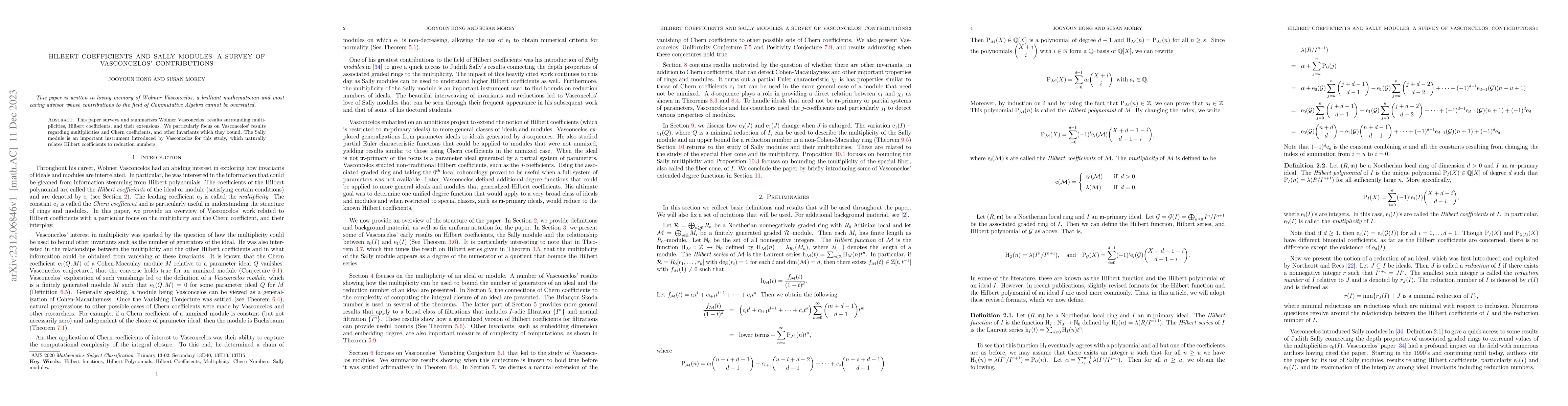 Thumbnail for Hilbert Coefficients and Sally Modules: A Survey of Vasconcelos'
  Contributions