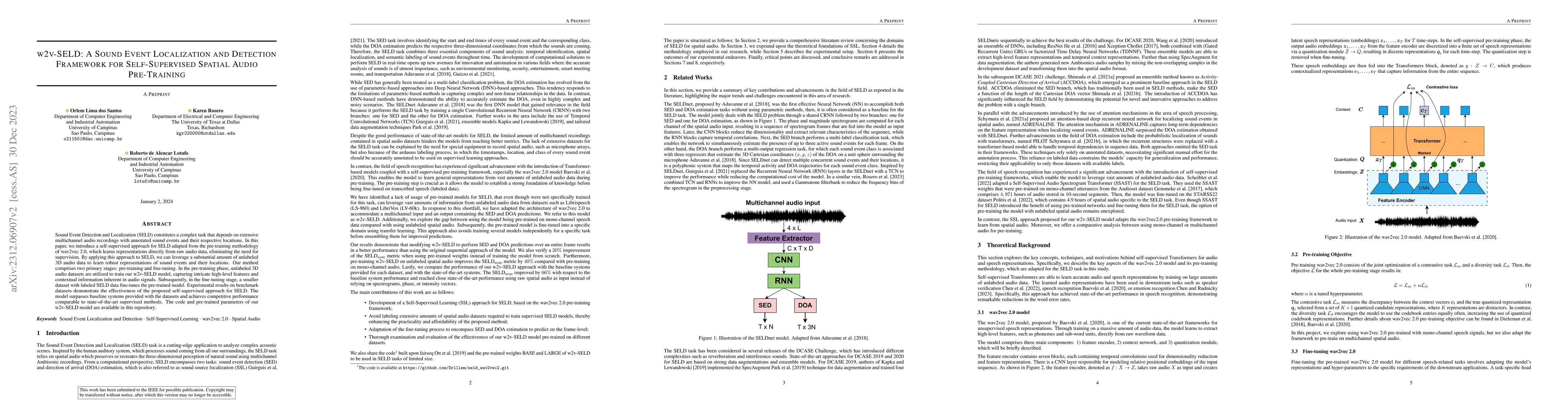 Thumbnail for w2v-SELD: A Sound Event Localization and Detection Framework for
  Self-Supervised Spatial Audio Pre-Training