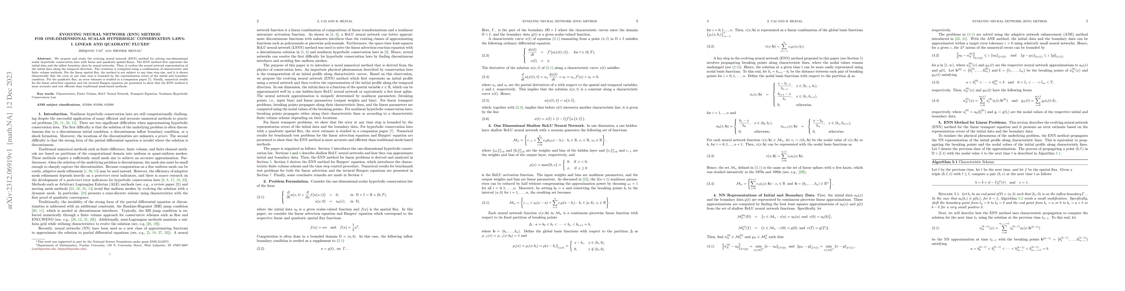 Thumbnail for Evolving Neural Network (ENN) Method for One-Dimensional Scalar
  Hyperbolic Conservation Laws: I Linear and Quadratic Fluxes
