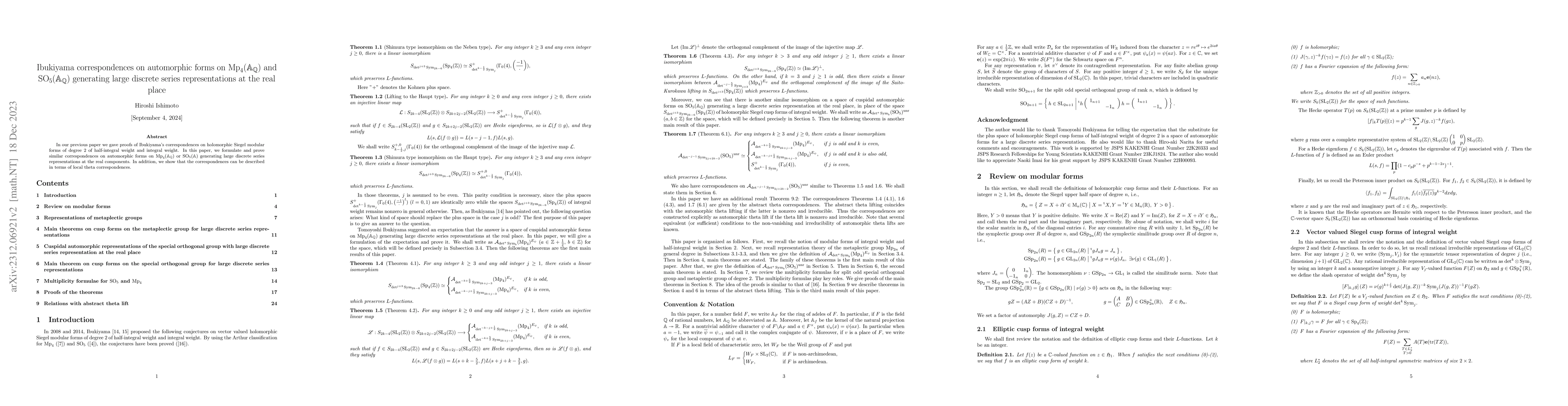Thumbnail for Ibukiyama correspondences on automorphic forms on
  $\operatorname{Mp}_4(\mathbb{A}_\mathbb{Q})$ and
  $\operatorname{SO}_5(\mathbb{A}_\mathbb{Q})$ generating large discrete series
  representations at the real place