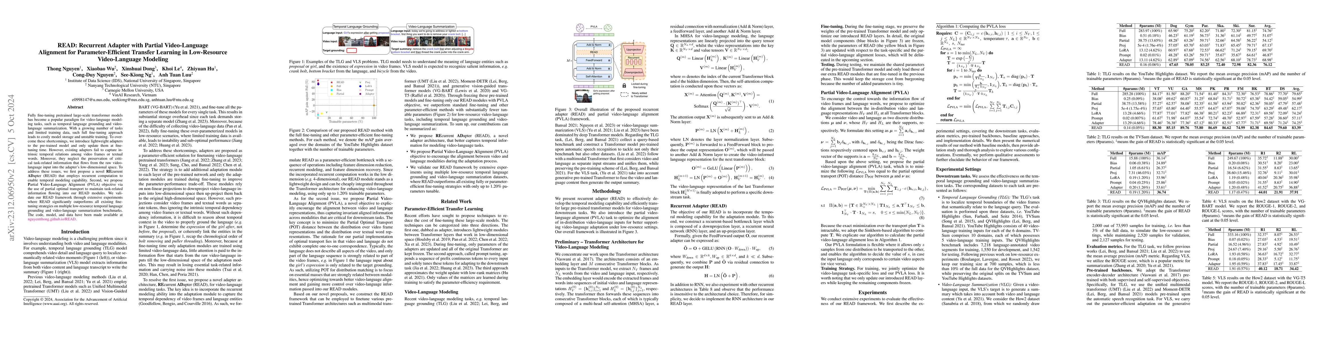 Thumbnail for READ-PVLA: Recurrent Adapter with Partial Video-Language Alignment for
  Parameter-Efficient Transfer Learning in Low-Resource Video-Language Modeling