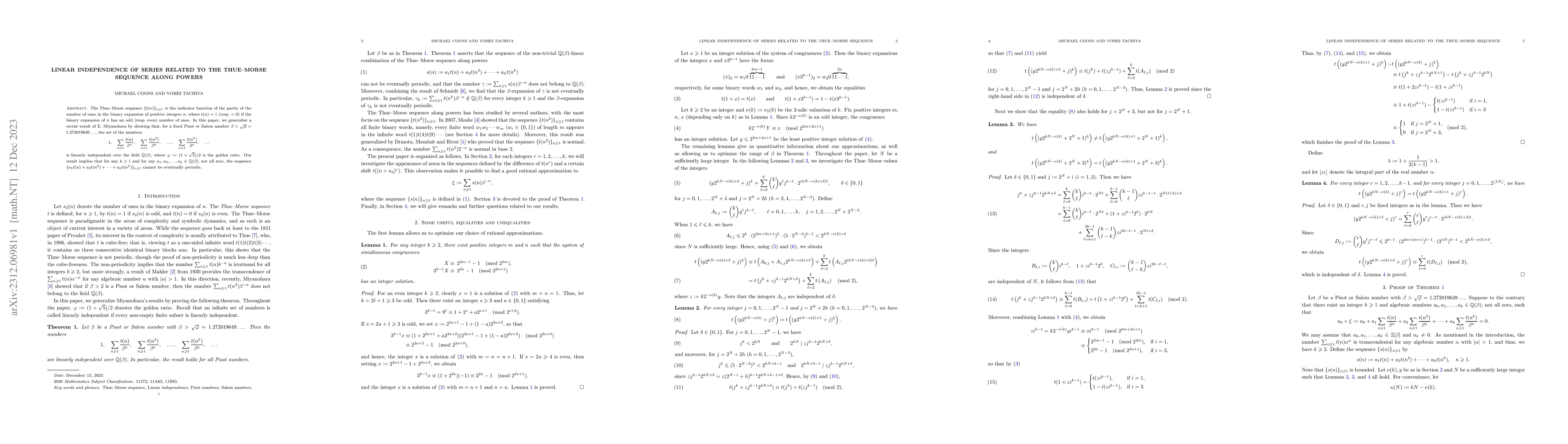 Thumbnail for Linear independence of series related to the Thue--Morse sequence along
  powers