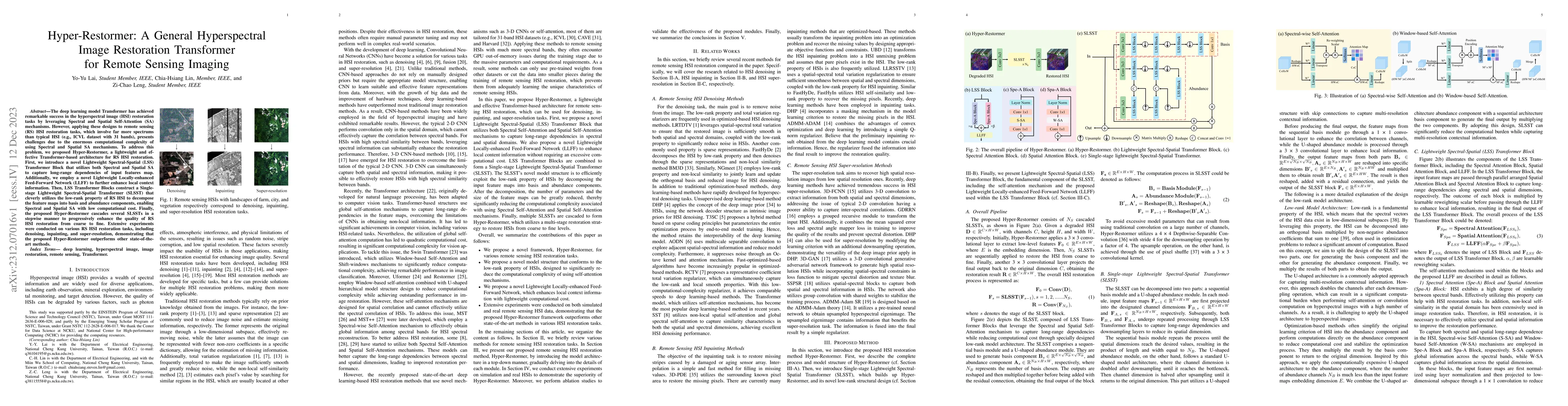Thumbnail for Hyper-Restormer: A General Hyperspectral Image Restoration Transformer
  for Remote Sensing Imaging