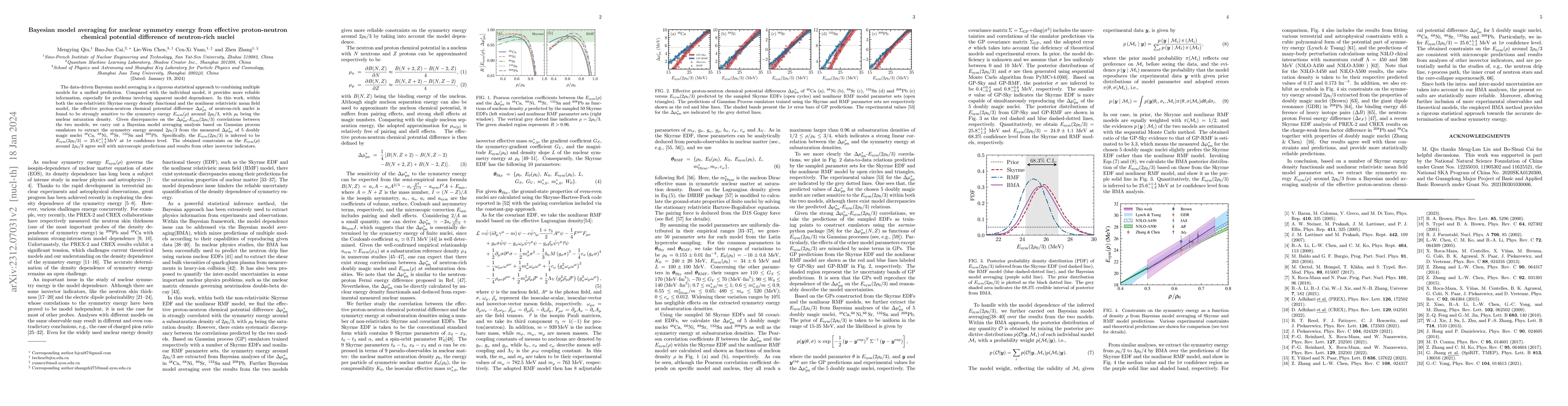 Thumbnail for Bayesian model averaging for nuclear symmetry energy from effective
  proton-neutron chemical potential difference of neutron-rich nuclei