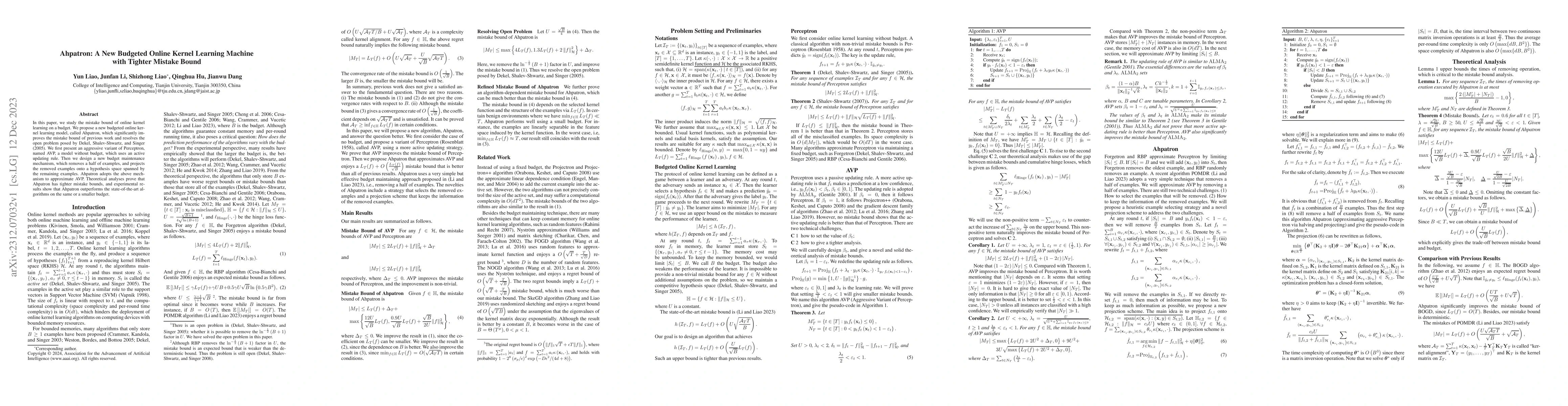 Thumbnail for Ahpatron: A New Budgeted Online Kernel Learning Machine with Tighter
  Mistake Bound