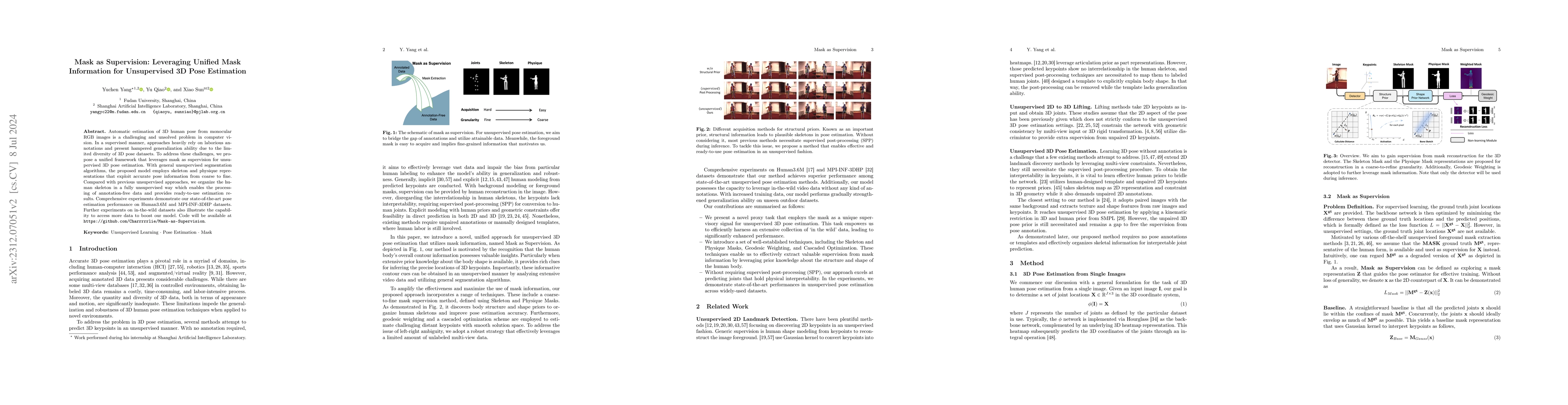Thumbnail for Mask as Supervision: Leveraging Unified Mask Information for
  Unsupervised 3D Pose Estimation
