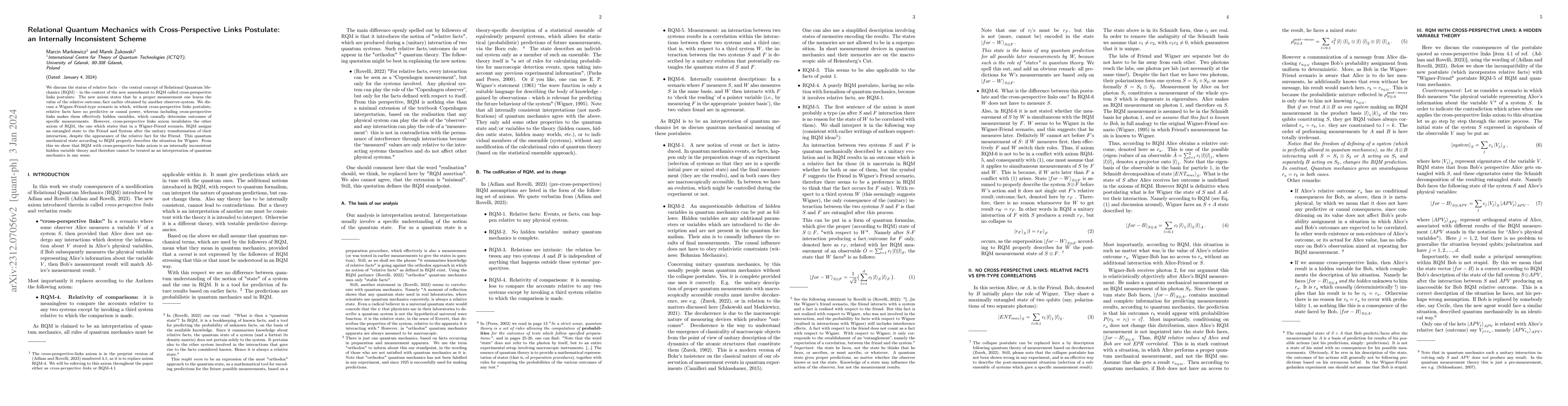 Thumbnail for Relational Quantum Mechanics with Cross-Perspective Links Postulate: an
  Internally Inconsistent Scheme