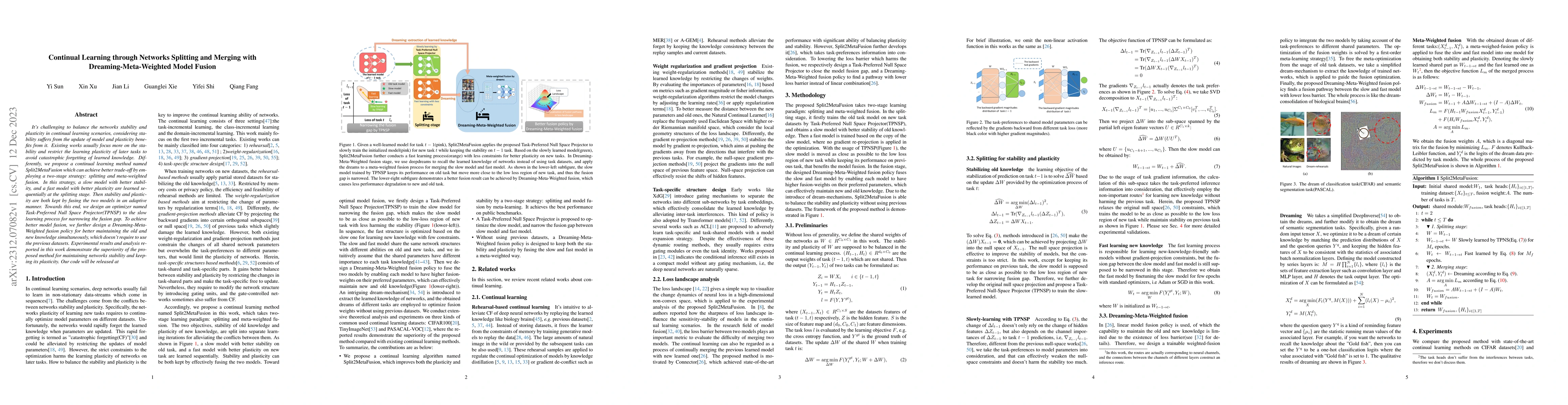 Thumbnail for Continual Learning through Networks Splitting and Merging with
  Dreaming-Meta-Weighted Model Fusion