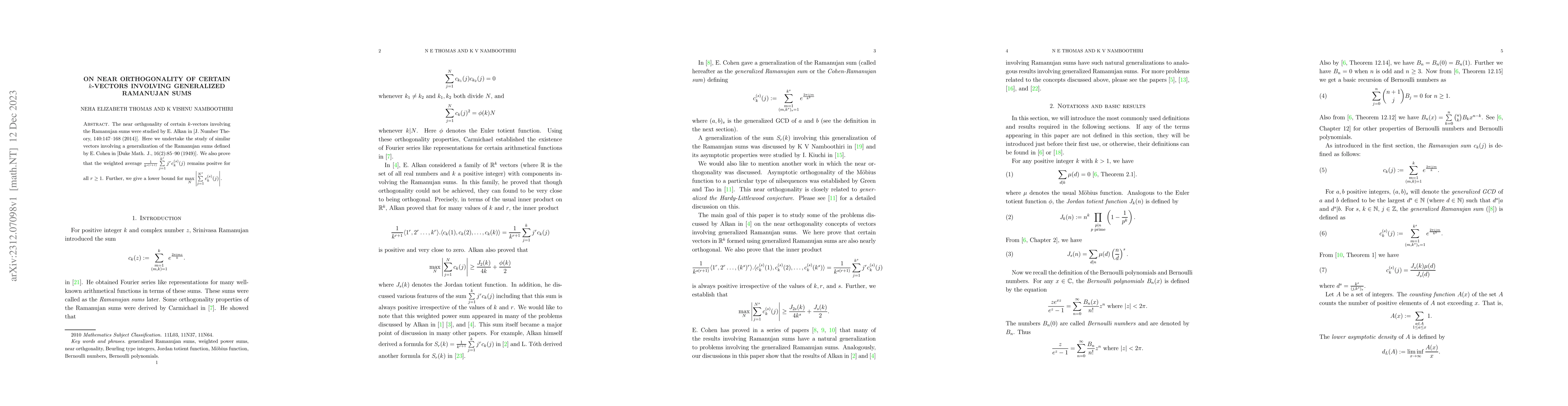 Thumbnail for On near orthogonality of certain $k$-vectors involving generalized
  Ramanujan sums