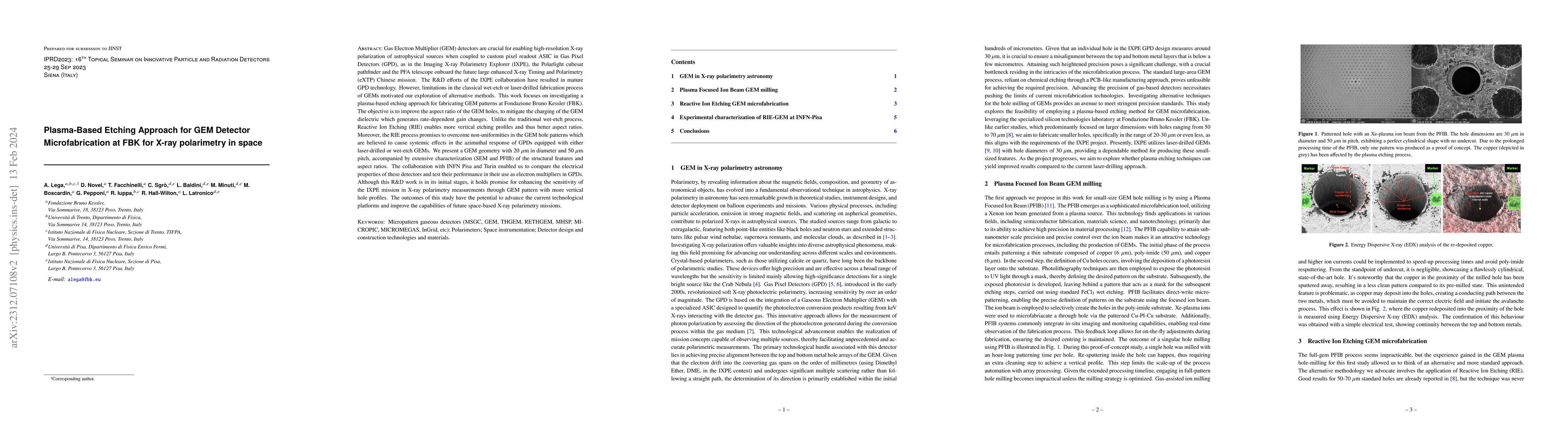 Thumbnail for Plasma-Based Etching Approach for GEM Detector Microfabrication at FBK
  for X-ray polarimetry in space
