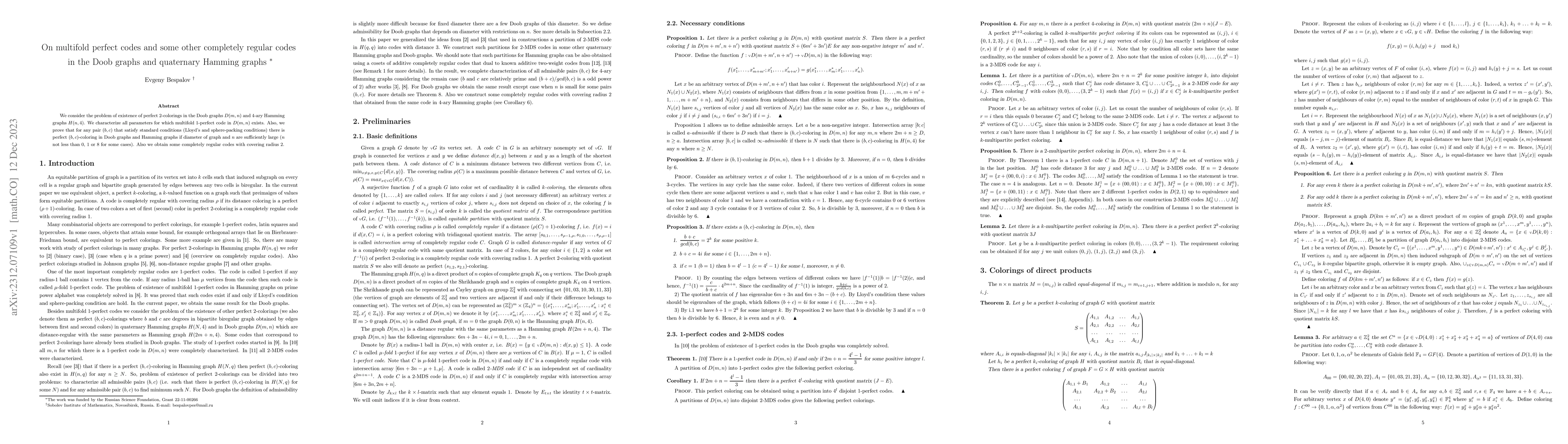 Thumbnail for On multifold perfect codes and some other completely regular codes in
  the Doob graphs and quaternary Hamming graphs