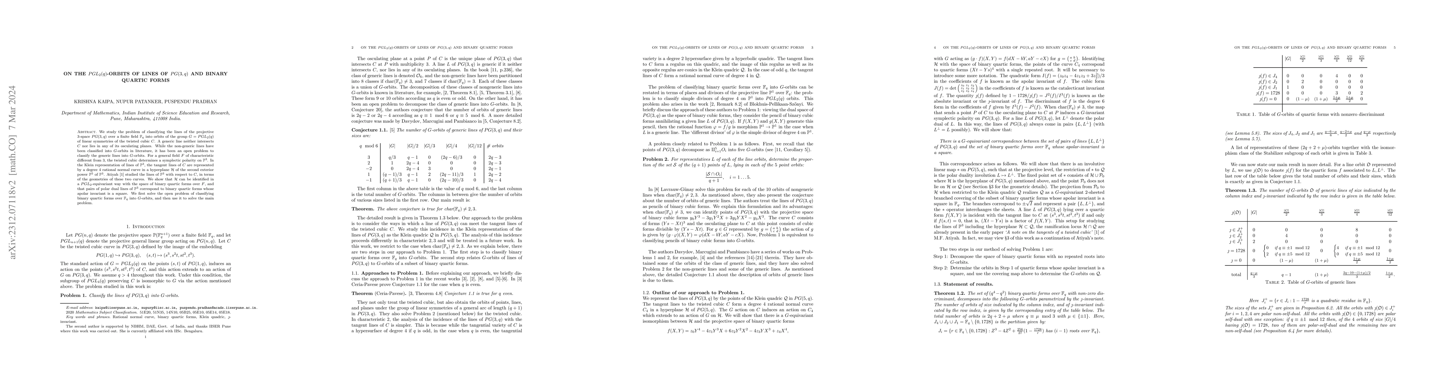 Thumbnail for On the $PGL_2(q)$-orbits of lines of $PG(3,q)$ and binary quartic forms