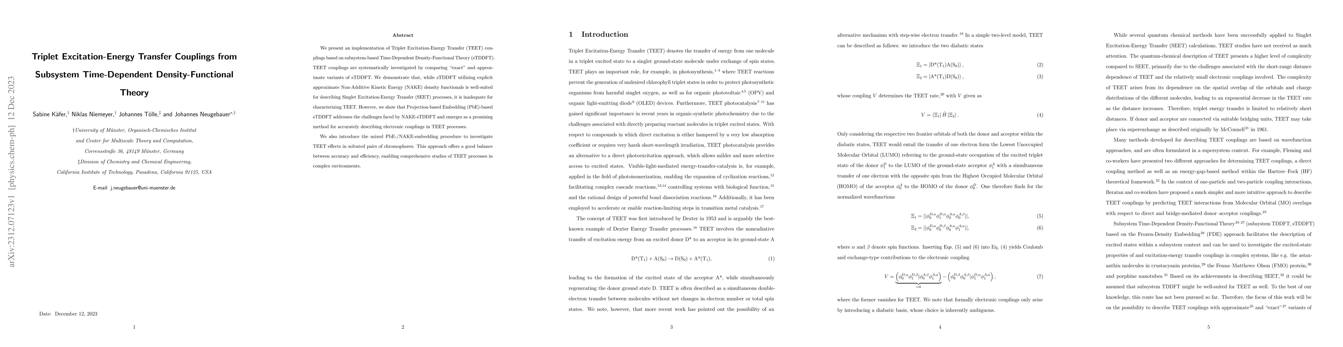Thumbnail for Triplet Excitation-Energy Transfer Couplings from Subsystem
  Time-Dependent Density-Functional Theory