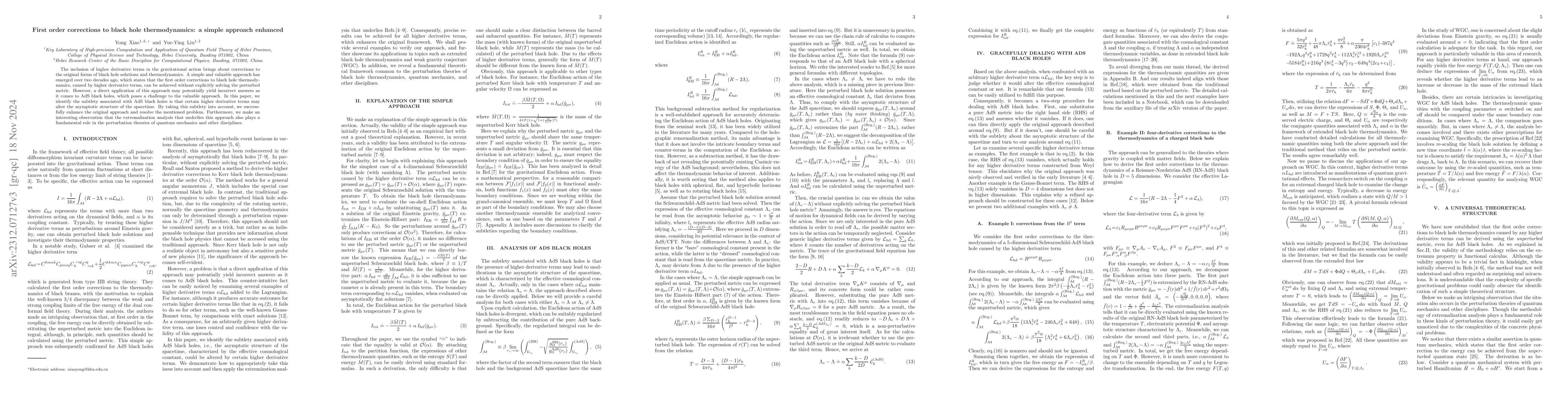 Thumbnail for First order corrections to black hole thermodynamics: a simple approach
  enhanced