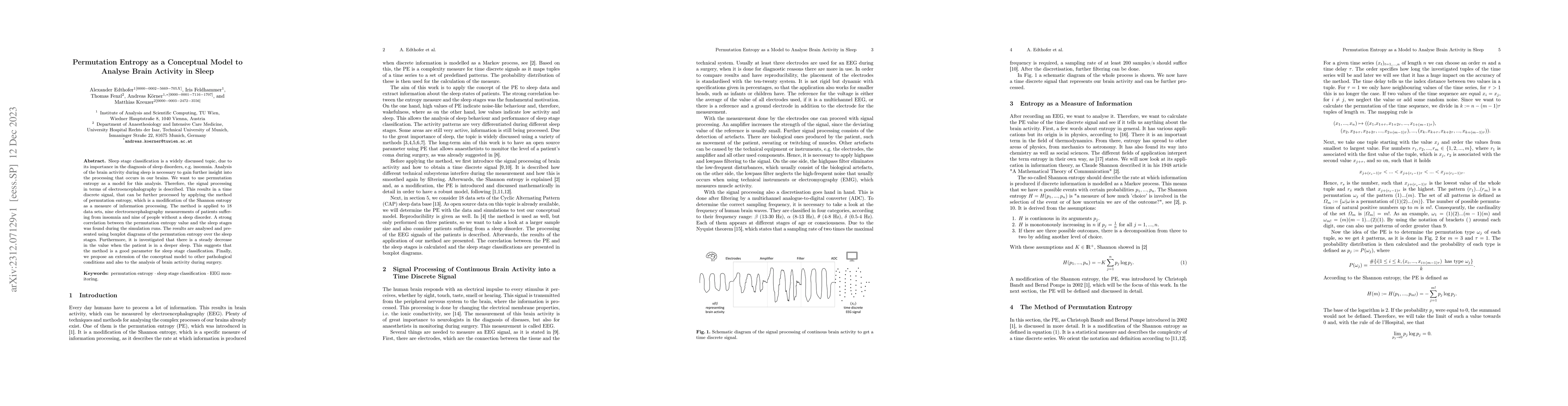 Thumbnail for Permutation Entropy as a Conceptual Model to Analyse Brain Activity in
  Sleep