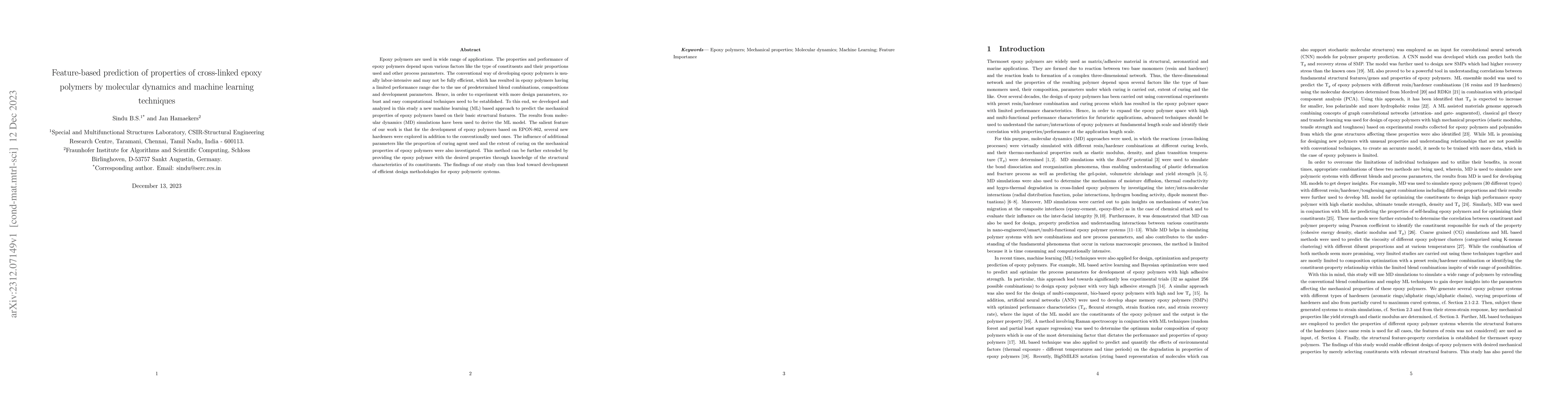 Thumbnail for Feature-based prediction of properties of cross-linked epoxy polymers by
  molecular dynamics and machine learning techniques
