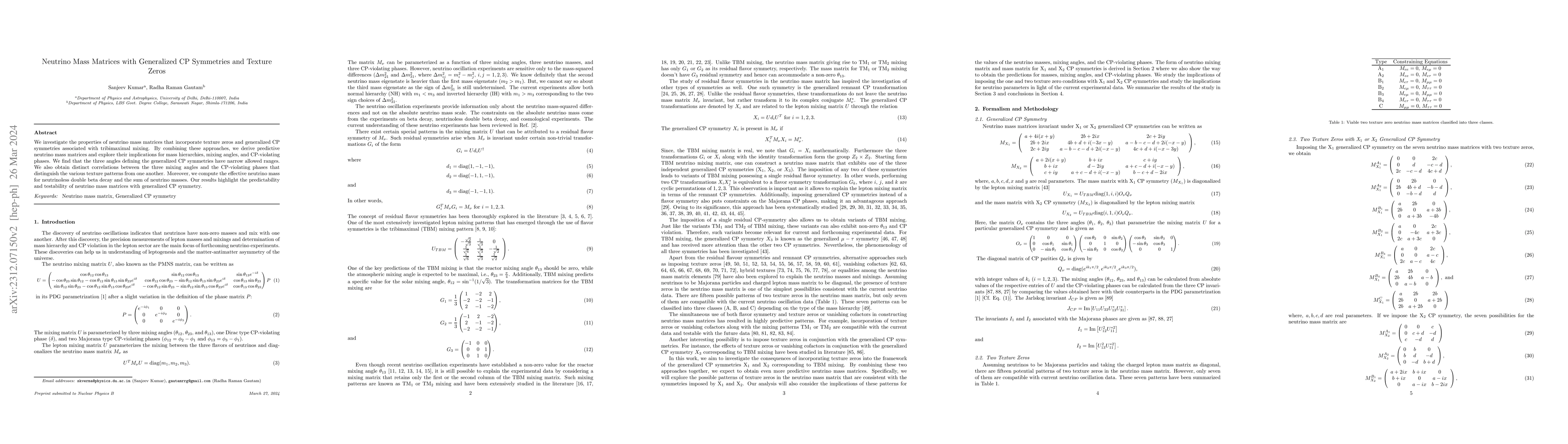 Thumbnail for Neutrino Mass Matrices with Generalized CP Symmetries and Texture Zeros