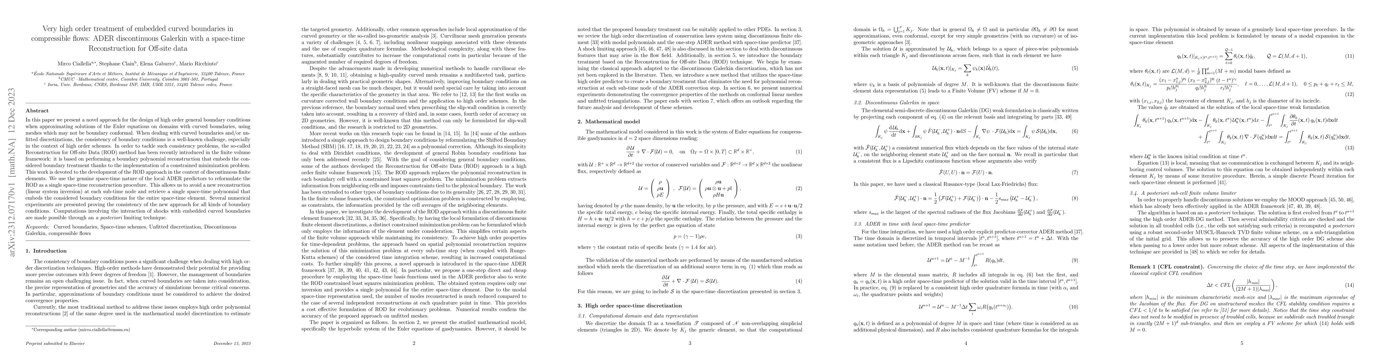 Thumbnail for Very high order treatment of embedded curved boundaries in compressible
  flows: ADER discontinuous Galerkin with a space-time Reconstruction for
  Off-site data