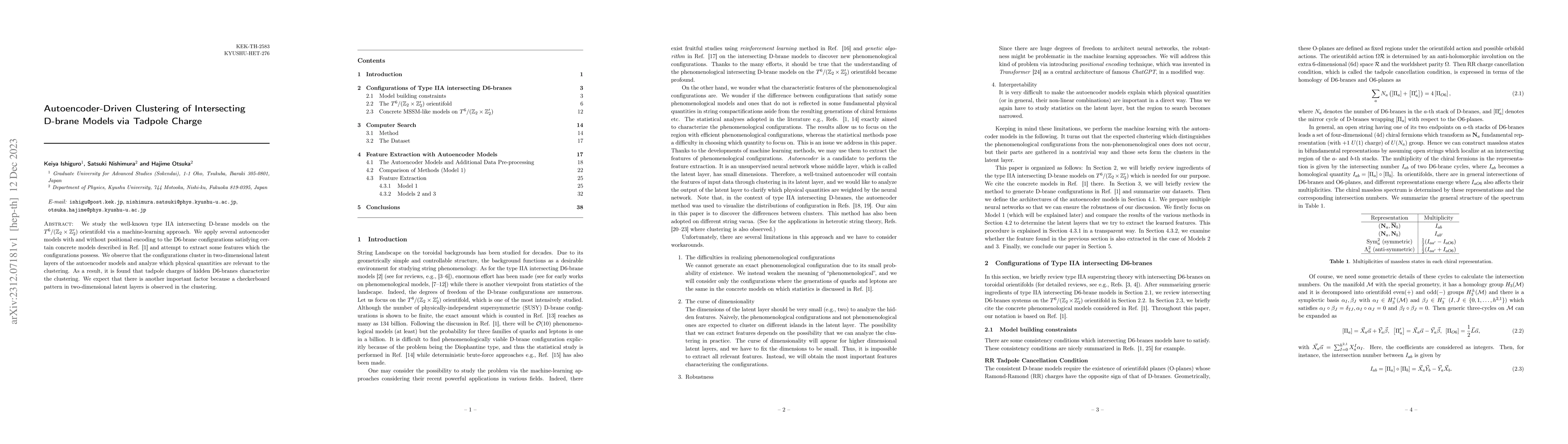 Thumbnail for Autoencoder-Driven Clustering of Intersecting D-brane Models via Tadpole
  Charge